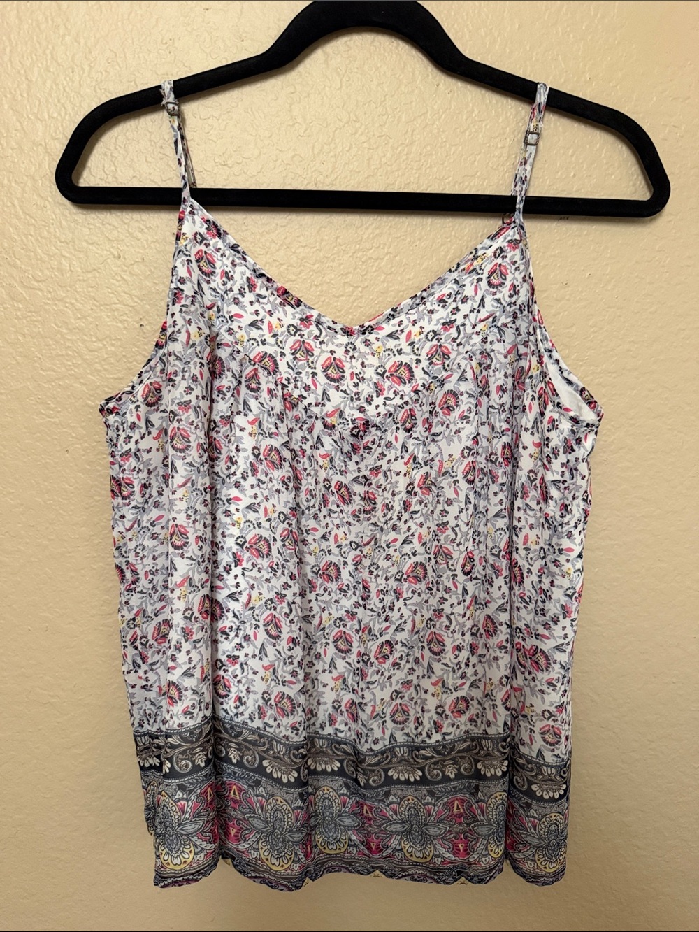 Floral Print Spaghetti Strap Tank Top - White with Pink & Navy- Small